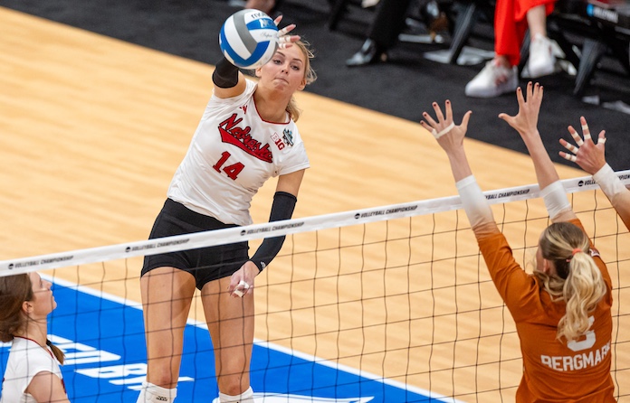 Ally Batenhorst of Nebraska hits in the NCAA title match against Texas in Tampa